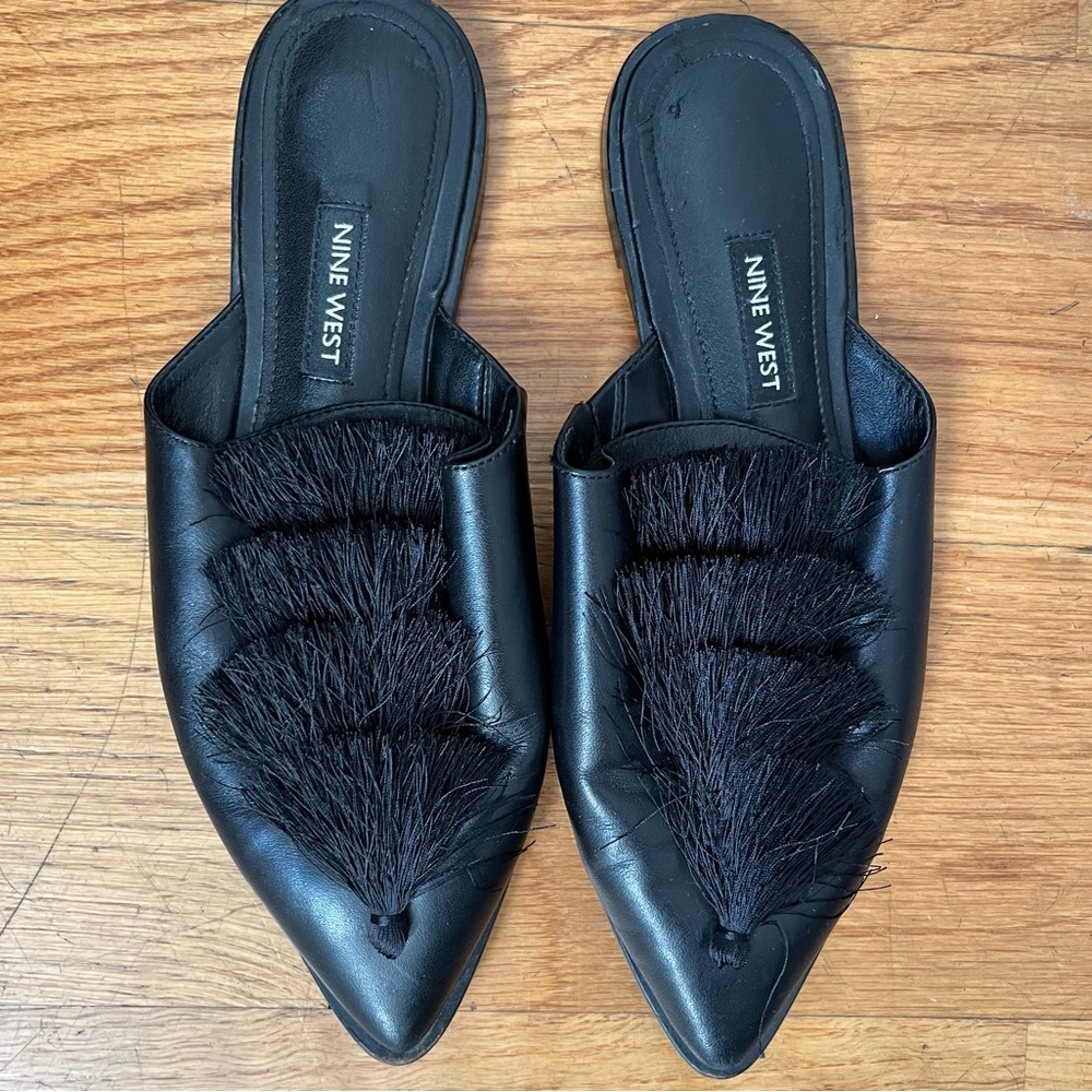 Nine West black tassel mule shoes